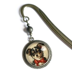 Chihuahua Dog in Red Bow Bookmark - Christmas Puppy - Antique Bronze Book Hook‎